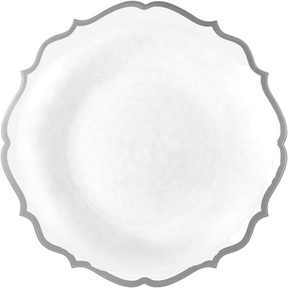 (10 PACK) EcoQuality 7.5" inch Round White Plastic Plates with Silver Rim Modern Design - Heavy Duty Large Disposable Charger Dinner Plate Weddings, Salad Plate, Tableware, China Like Party Plates