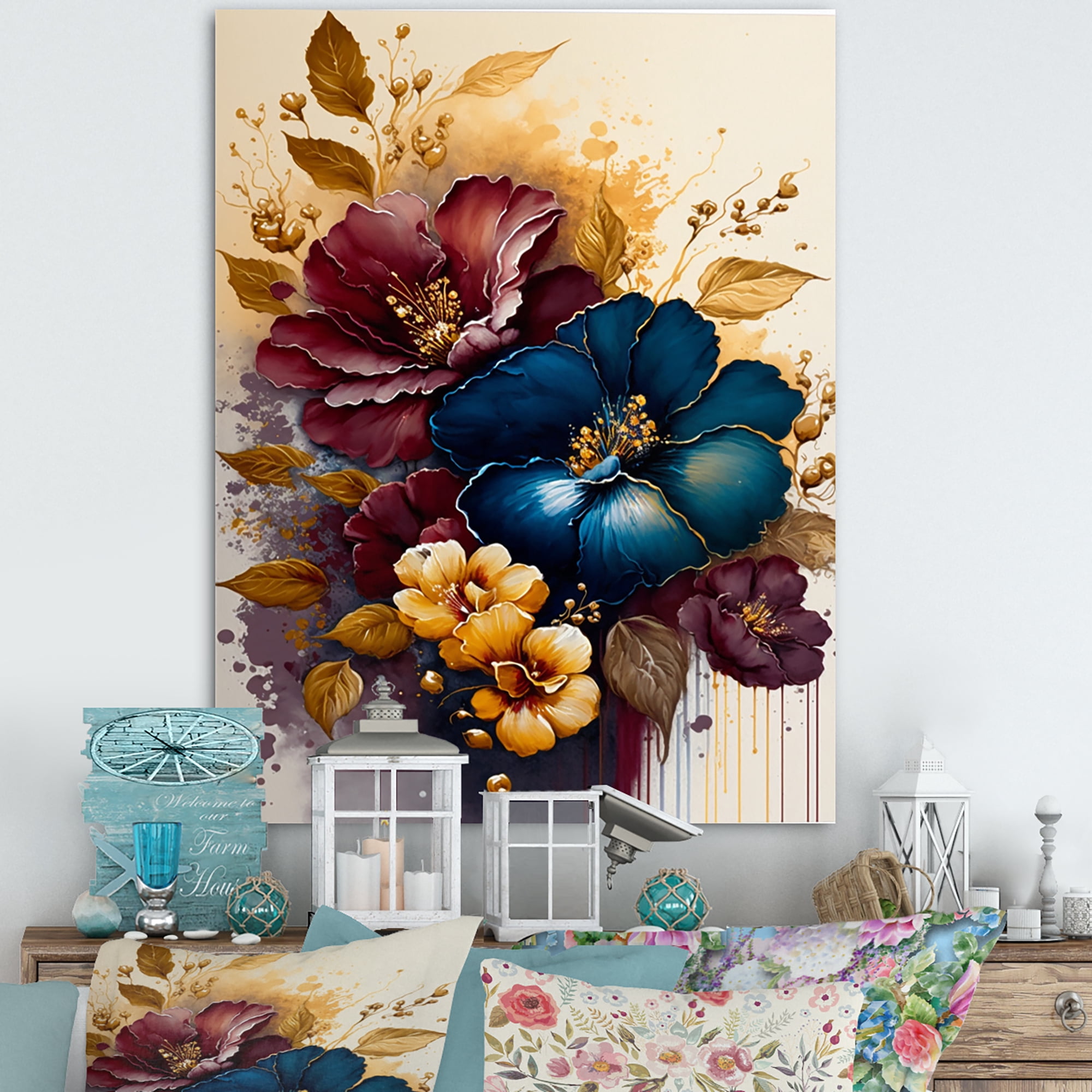 Designart Burgundy And Blue Hibiscus Bunch III Canvas Wall Art