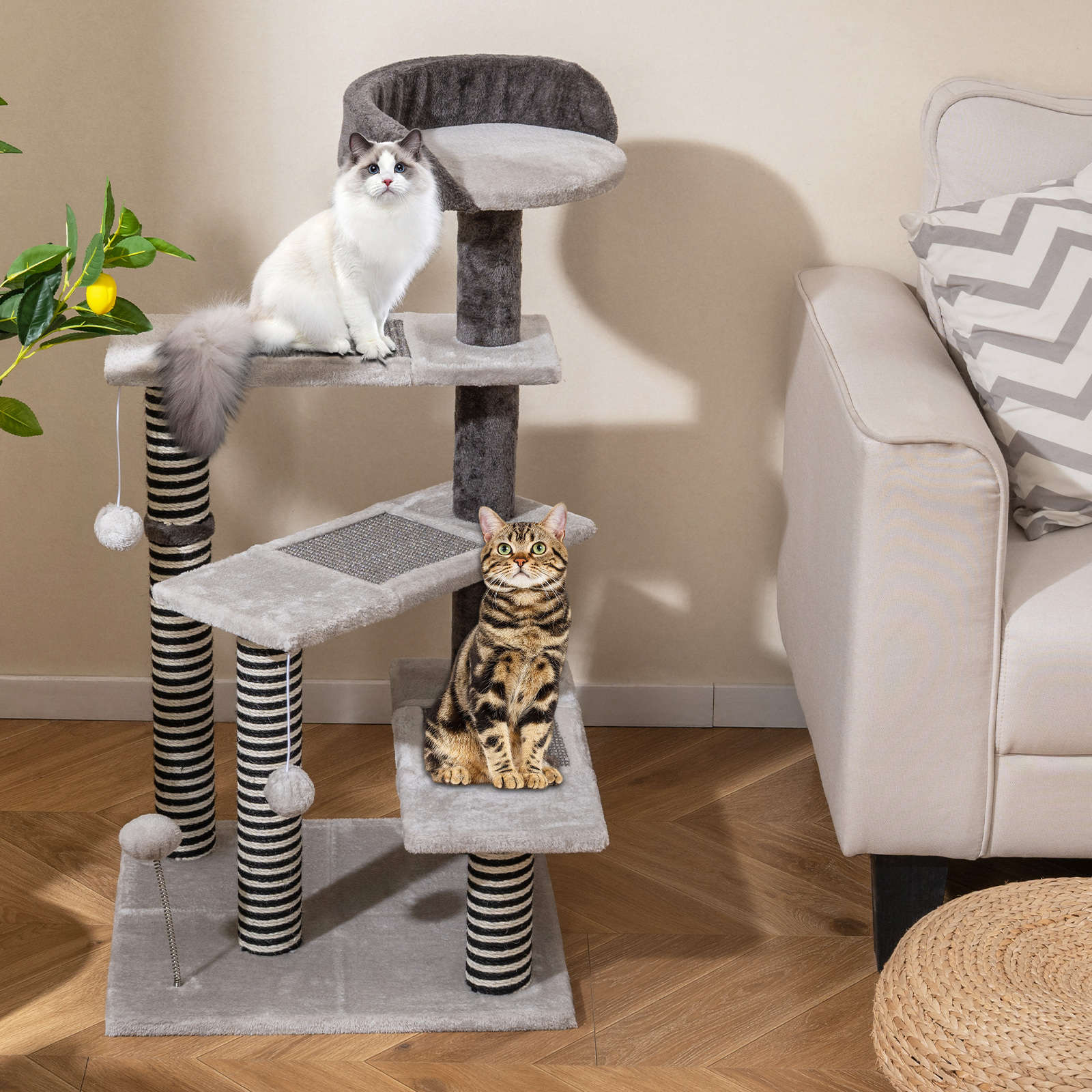 Gymax 2-in-1 Cat Tree Tower Pet Steps w/ Scratching Posts Hanging Toy Ball Perch