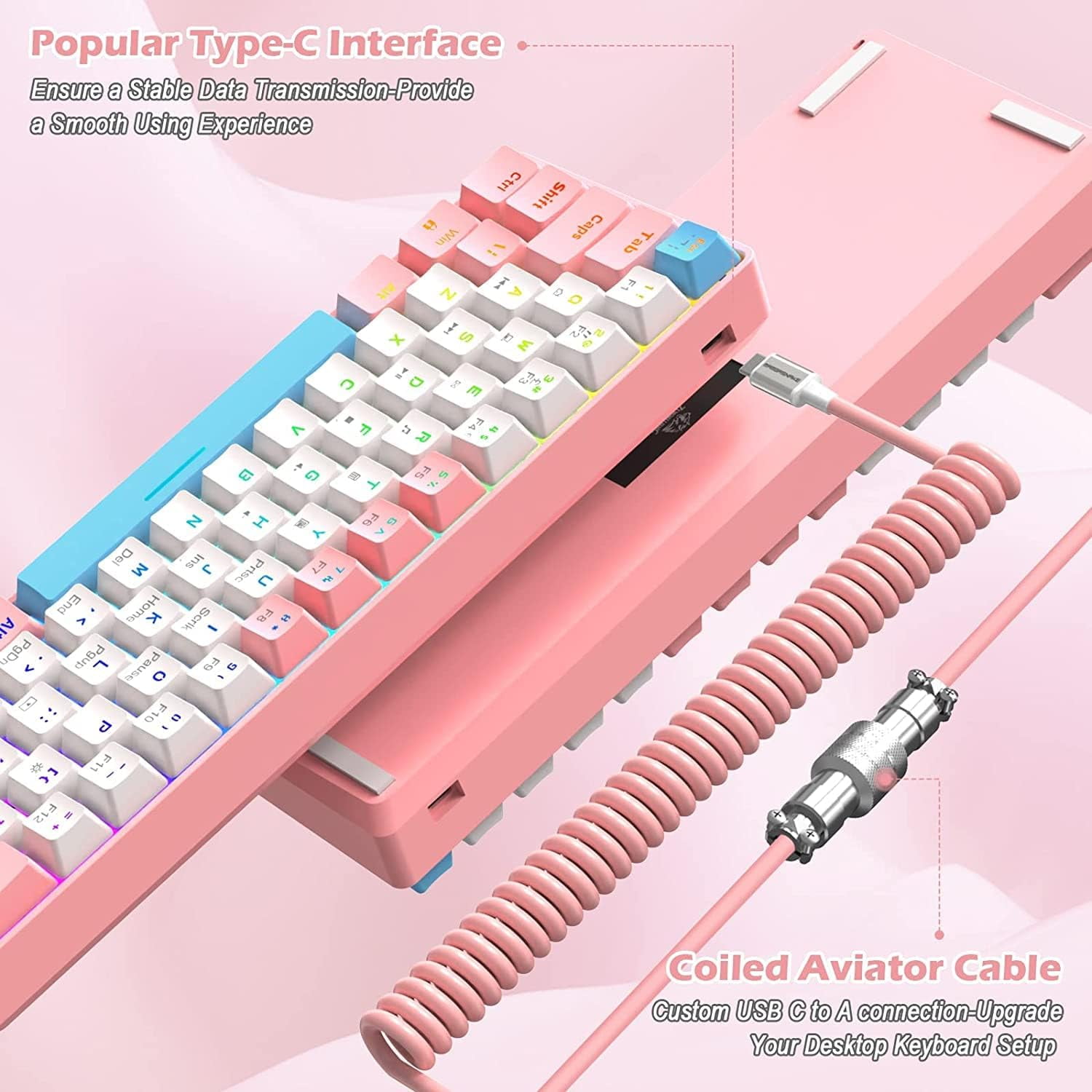 ZIYOU LANG T60 Wired Mechanical Keyboard&Mouse Combo,Rainbow Backlit 6400DPI RGB-Pink/Blue Switch