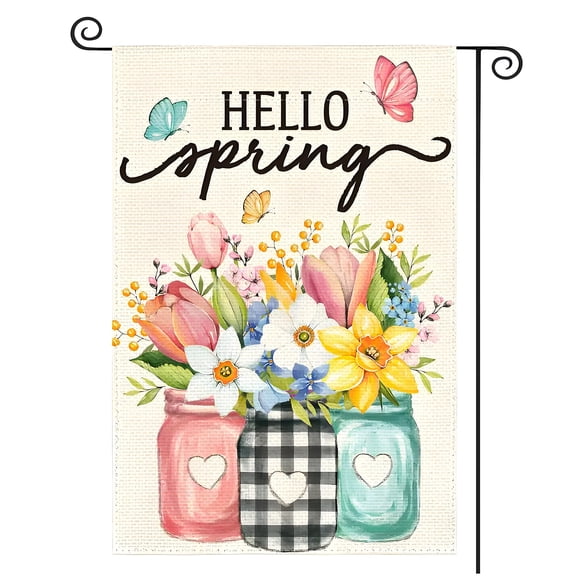XIBUFE Floral Jar Hello Spring Garden Flag,11.8 x 18 in Linen Farmhouse Yard Flags,Double-Sided HD Coloral Print,Seasonal Vibrant Spring Decorations for Home Outdoor Yard