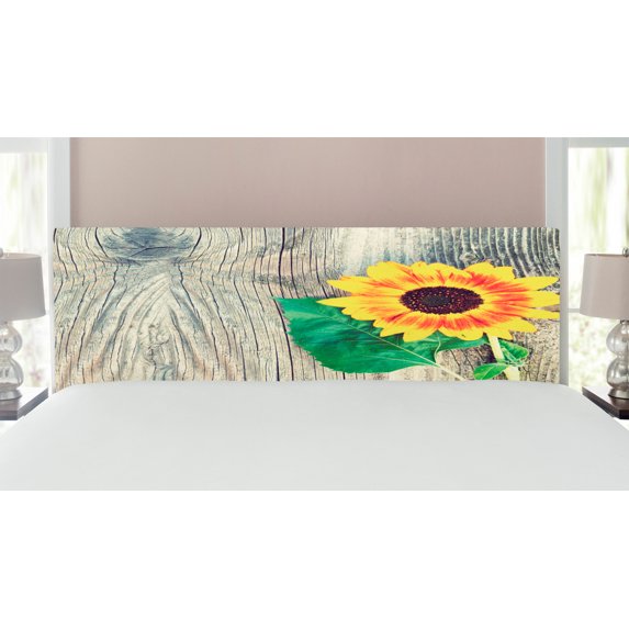 Sunflower Headboard, Sunflower on Wooden Old Board Bouquet Floral Mother Earth Photo, Upholstered Decorative Metal Bed Headboard with Memory Foam, King Size, Brown Green Yellow, by Ambesonne