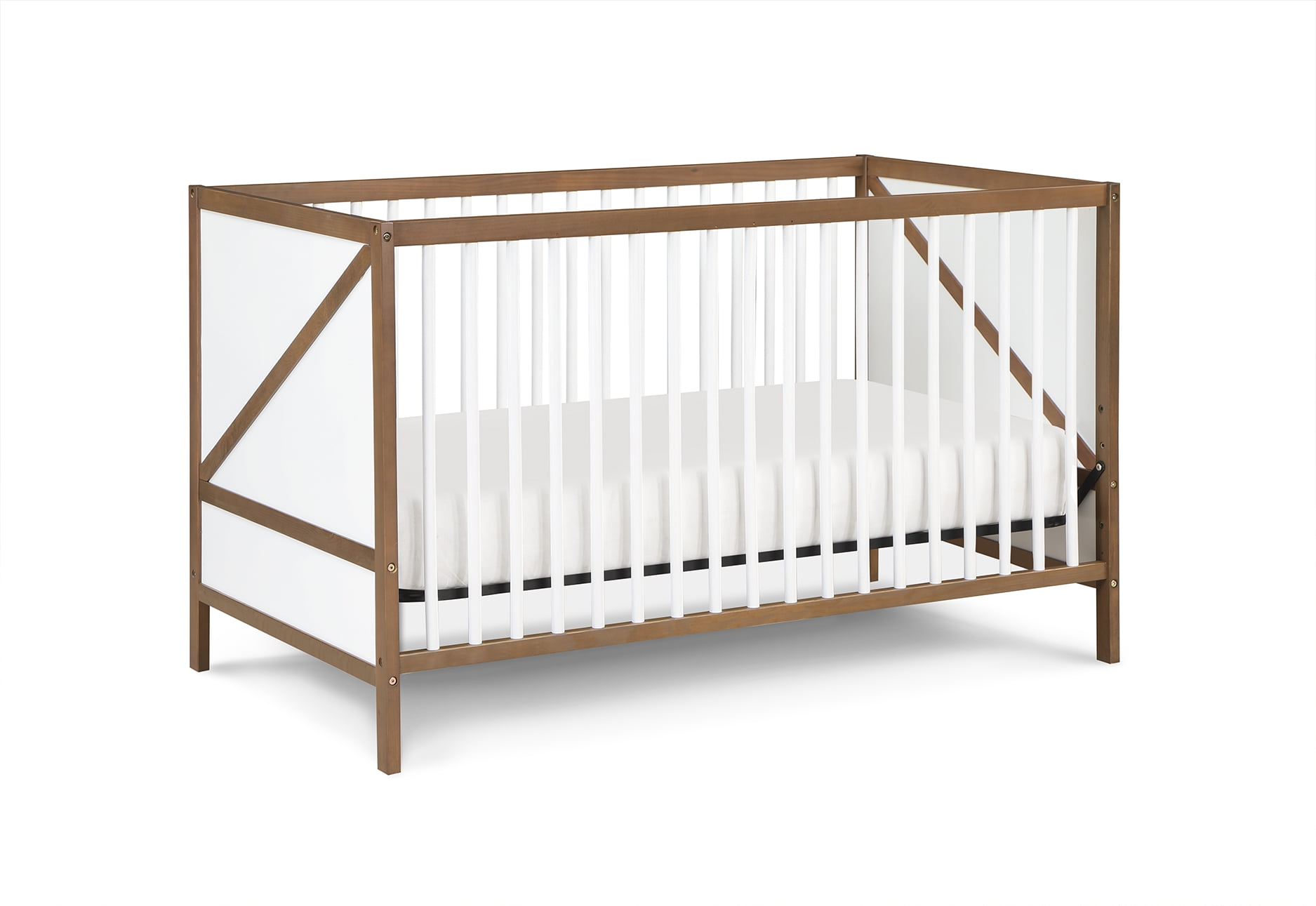 Suite Bebe Pixie Zen 3-in-1 Convertible Baby Wooden Crib With Round Spindles, in Walnut/White