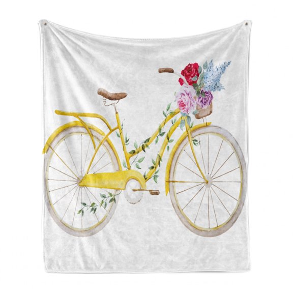 Vintage Soft Flannel Fleece Throw Blanket, Watercolor Style Effect Bicycle Leaves and Flowers in the Basket Pattern, Cozy Plush for Indoor and Outdoor Use, 50" x 60", White and Yellow, by Ambesonne