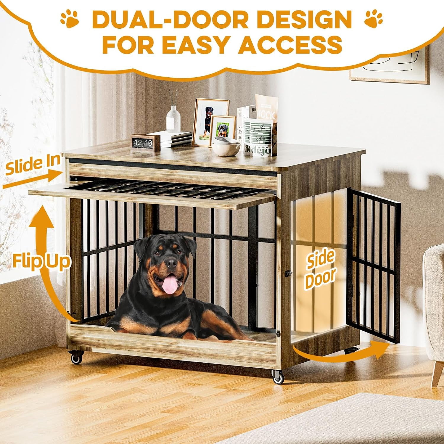 46" Large Dog Crate Furniture, Double Door Wooden Indoor Dog Kennel End Table with Wheels, Decorative Pet Cage for Extra Large Breeds, Greige