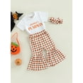 thumbnail image 3 of Bagilaanoe 3Pcs Toddler Baby Girls Long Pants Set Letters Print Short Sleeve T-shirt Tops + Plaid Flare Trousers + Headband 6M 12M 18M 24M 3T 4T Kids Casual Outfits, 3 of 8