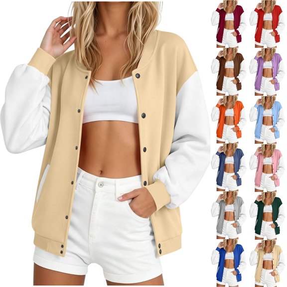 Qzwdhjm Varsity Jackets for Women Button Down Baseball Jacket Color Block Long Sleeve Bomber Coats Loose Casual Coat with Pockets