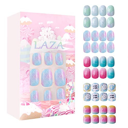 Laza 1pcs Children Nails Press On Pre Glue Full Cover Glitter Gradient Color Rainbow Sparkling Scale Wave Aquariusshort False Nail Kits For Kids Teenager Girls Little Mermaid Walmart Com