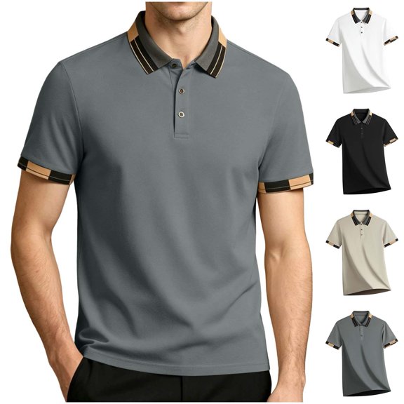 Fanshiluo Men's Collared Short Sleeve Polo Shirt, Casual Contrast Striped Collared Top,Size:L,Big and Tall Men