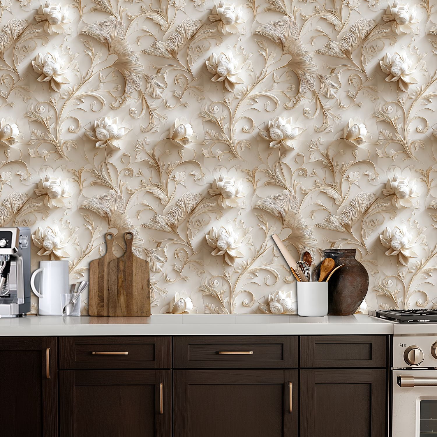 Peel and Stick Wallpaper Elegant 3D Floral Soft Beige Tones Delicate Blossoms Wall Mural 17.7in x 9.8ft Self Adhesive Removable Wall Paper Renter Friendly Wallpaper for Nursery Bedroom Cabinets