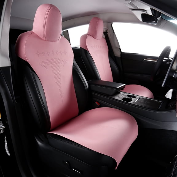 Ikon Motorsports Seat Cover Cushions Compatible With 2020-2024 Tesla Model Y 4-Door, V2 Style Pink Suede Leather 1st 2nd Row 5-Seat Seat Cover Cushion Protectors