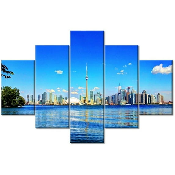 TISHIRON 5PCS Framed City Theme Canvas Wall Art Set,50"x24" Tower and Lake Landscape Wall Canvas Art Decor