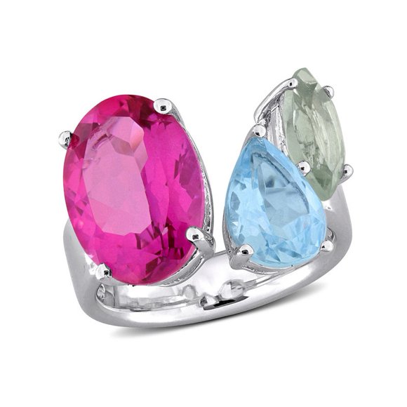 10.05 Carat (ctw) Pink and Blue Topaz, Green Quartz Ring in Sterling Silver