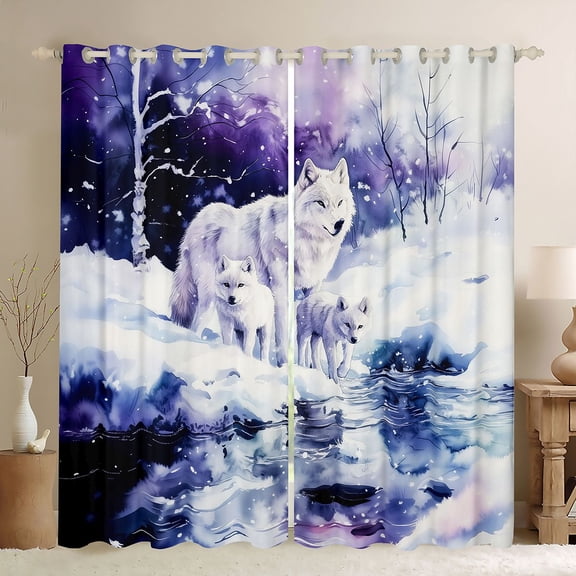 Erosebridal Watercolor White Wolf Family Print Black Out Curtains, Snowy Winter Curtains Pack of 2 (42x63 Each) for Men and Women