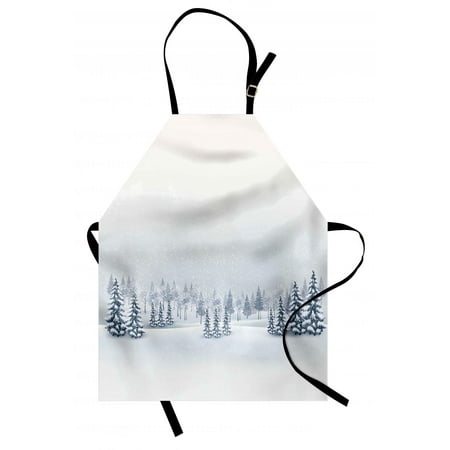 Winter Apron Winter Scene in a Park with Trees Foggy Misty Blurry Ice Cold Freezing Weather Image, Unisex Kitchen Bib Apron with Adjustable Neck for Cooking Baking Gardening, White, by