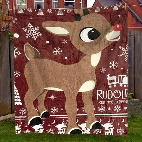 Rudolph Red Nosed Deer Flannel Blanket - Festive Soft Lightweight Throw for Home Bedding, Halloween Decor, Christmas Gift for Kids & Deer Lovers