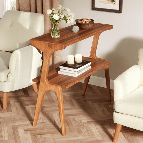 Tribesigns Narrow End Table for Living Room, Farmhouse Slim Sofa Side Table with Storage Shelves, Long Nightstand with Solid Wood Legs for Bedroom, Cherry