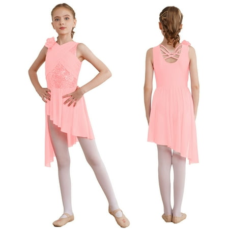 iiniim Kids Girls Sequin Flower Ballet Lyrical Dress Contemporary Dancewear Pink 16