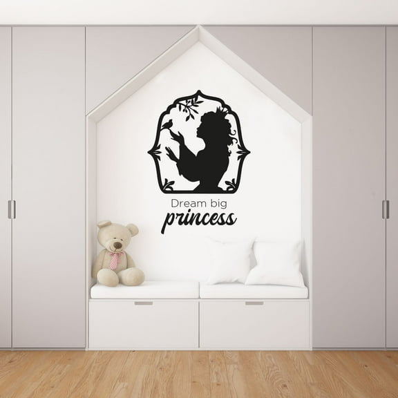 Dream Big Princess - Motivational Quote Inspirational Quote Princess In Frame Bird Silhouette Drawing Vinyl Wall Art Wall Sticker Wall Decal For Home Wall Decoration Décor Design (30x30 inch)