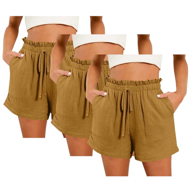 Hyknon 3PC Shorts for Women Summer Casual Solid Color Comfortable Loose Fitting Workout Shorts Elastic Waist Drawstring Sports Gym Running Shorts with Pockets