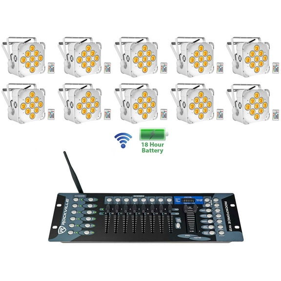 10 Rockville BEST PAR 60 White Rechargeable Wash Lights Wireless DMX Controller