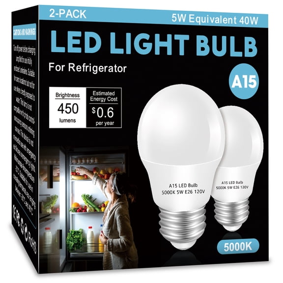 LOXYEE A15 LED Refrigerator Light Bulb 5W (40W Equivalent) Cool White Appliance Light Bulbs, 2-Pack