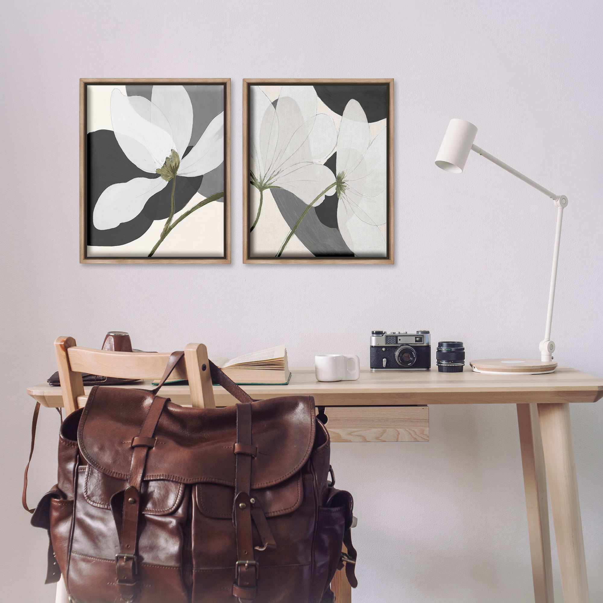Stupell Industries Large White Petal Drawing Plants & Flowers Painting Brown Floater Framed Canvas Art Print Wall Art, 17 x 21, Set of 2