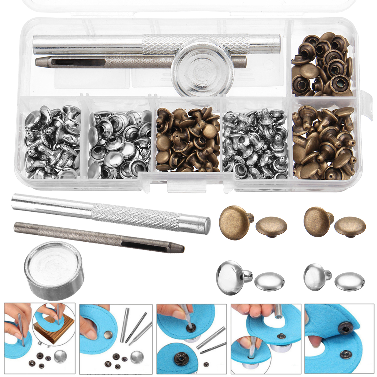 120 Set Leather Rivets Double Cap Rivets Metal Fixing Tool Kit for