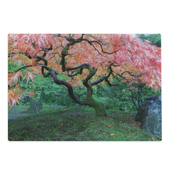 Japanese Cutting Board, Aged Red Leaf Maple Moss Garden Scenery in Autumn Grass Relaxation in Nature, Decorative Tempered Glass Cutting and Serving Board, Large Size, Green, by Ambesonne