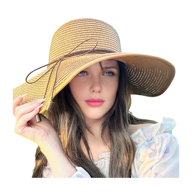 Sombrero de playa de paja natural de alta densidad con protección solar, ala ancha y diseño abovedado, lazo de encaje y detalles de perlas de imitación. Sombrero de verano.