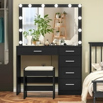 USIKEY Makeup Vanity Large Lighted Mirror 12 Lights Charging Station Vanity Table Set Black