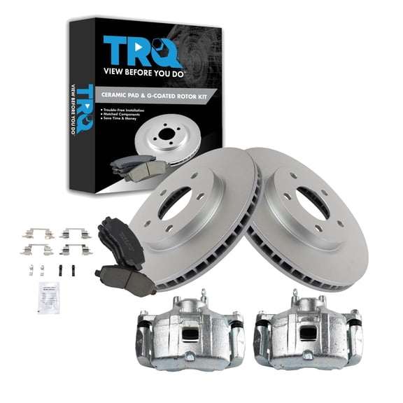 TRQ Front Brake Pad & Rotor Kit Brake Caliper Brake Pads Brake Rotor Ceramic Vented Premium G-Coated Fits Select 2008-2016 Mitsubishi Lancer