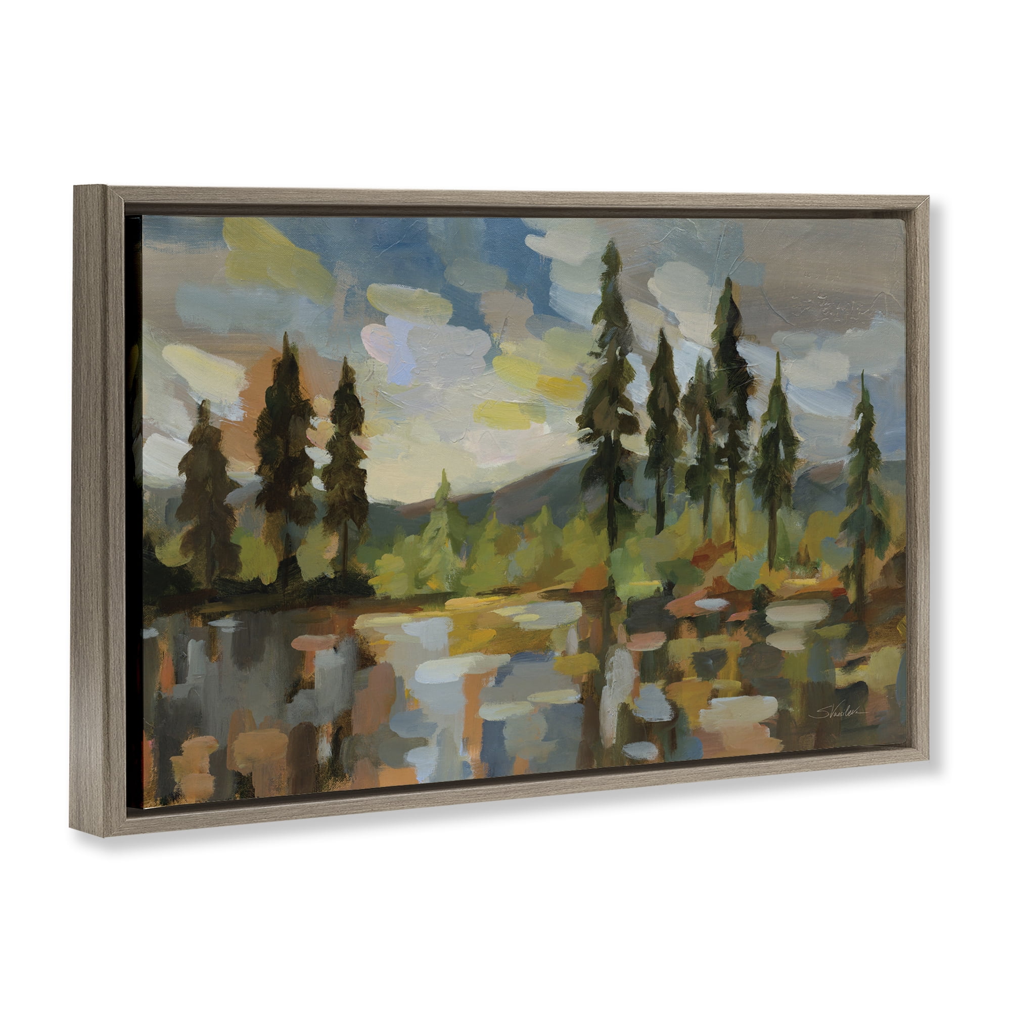 Stupell Industries High Mountain Lake Landscape & Nature Painting Brown Floater Framed Canvas Art Print Wall Art, 31 x 21