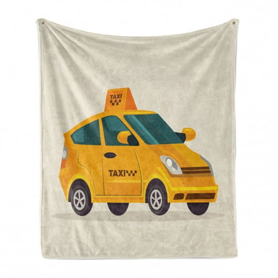 New York Taxi Soft Flannel Fleece Blanket, Modern Cab Illustration Designed in Cartoon Style Urban City Art Print, Cozy Plush for Indoor and Outdoor Use, 70" x 90", Eggshell Marigold, by Ambesonne