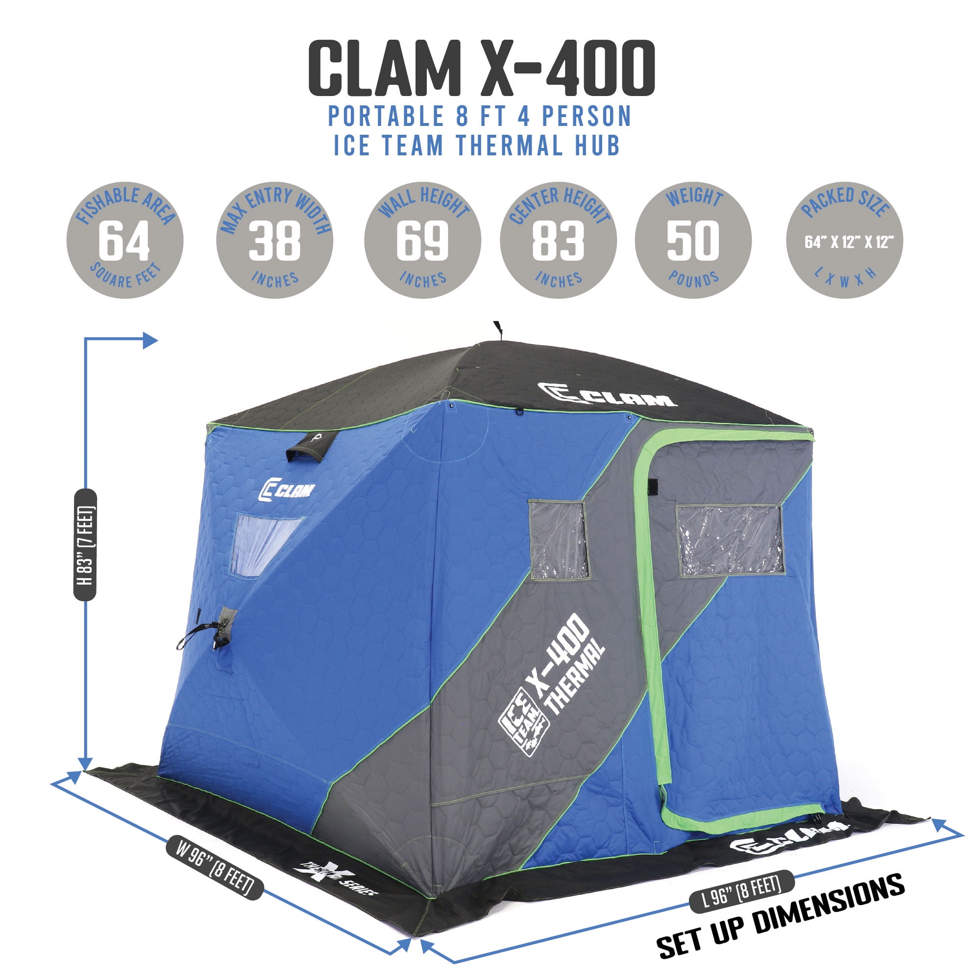 CLAM X-800 Portable 7 Person 15' x 8' Ice Fishing Thermal Hub Shelter Tent  