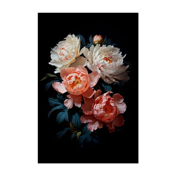 Baroque Peonies Flowers Midnight Bouquet - Painting Floral Flowers Botanical Garden Nature Unframed Wall Art Print 4 x 6 inches
