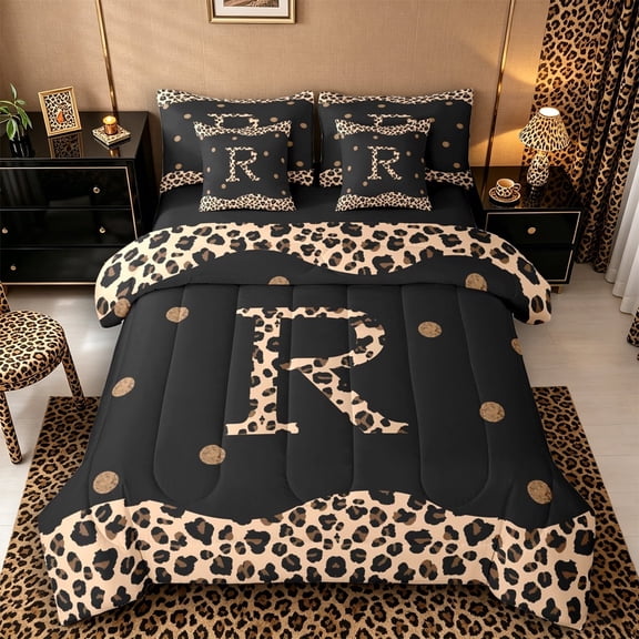 Meiyoeat Animal Leopard Letter R Bedding Comforter Set 7pcs for Women Juniors, Classic Polka Dot Queen Bedding Sets for Bedroom, Black Beige Brown,Black Reversible