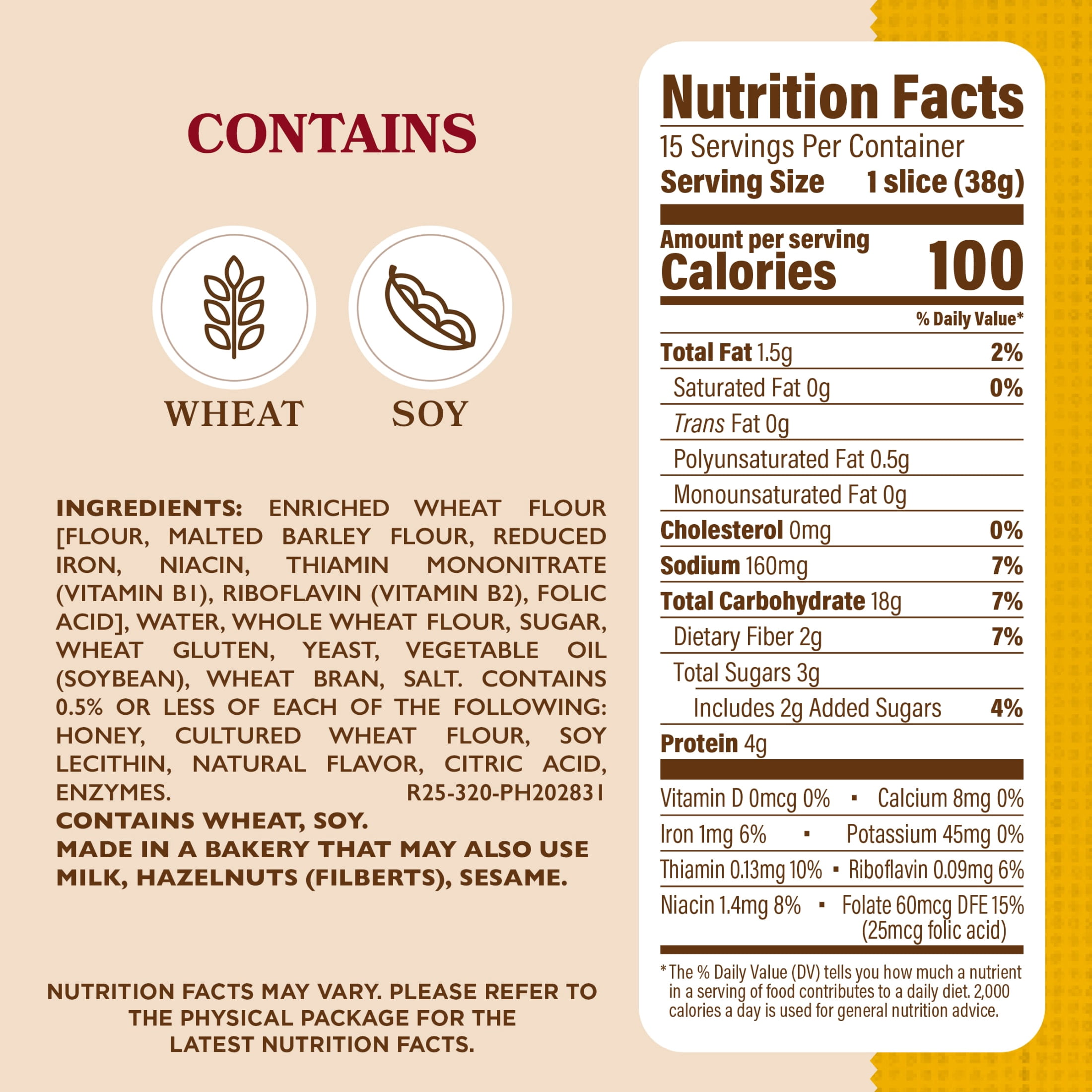 Artesano Golden Wheat Bakery Bread, 20 oz, Whole Wheat Pre-sliced Wheat Bread, Bag
