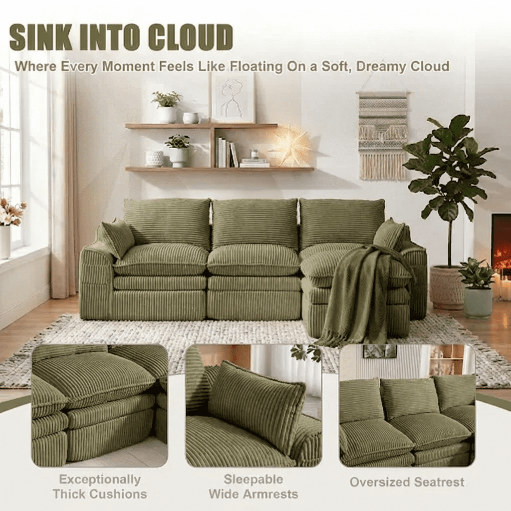 104" Modern Modular L-Shaped Sectional Cloud Sofa, Compressed Corduroy Floor Couch with Movable Ottoman