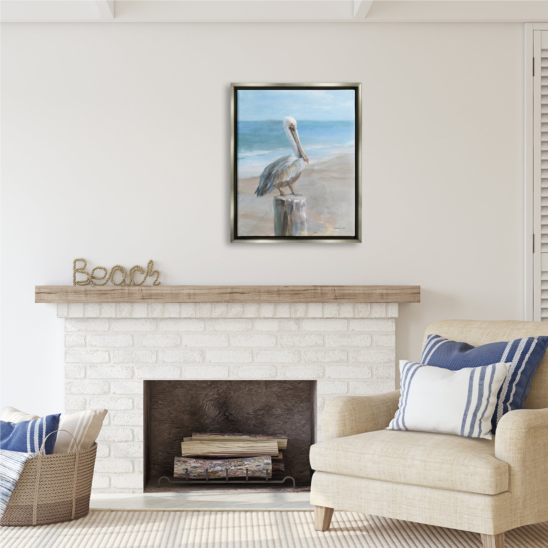 Stupell Industries Pelican Perched on Coast Animals & Insects Painting Gray Floater Framed Art Print Wall Art, 25 x 31