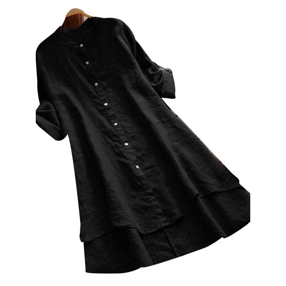 JustVH Women Loose Waist Long Sleeve Shirt Dress Single Breasted Patchwork Midi Dress