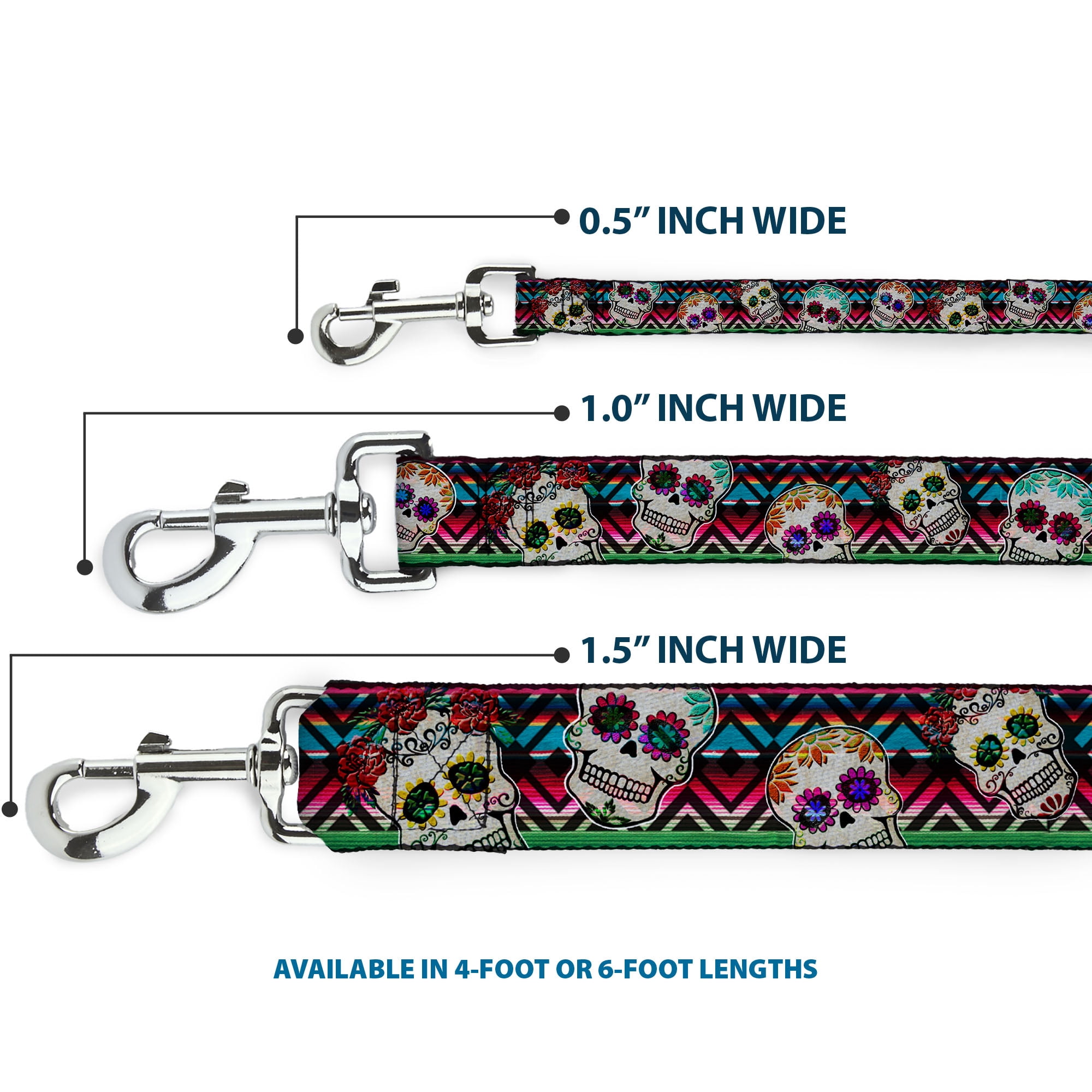 Buckle-Down Pet Leash, Dog Leash, Sugar Skulls Zarape Multi Color, 6 Feet Long 1.0 Inch Wide