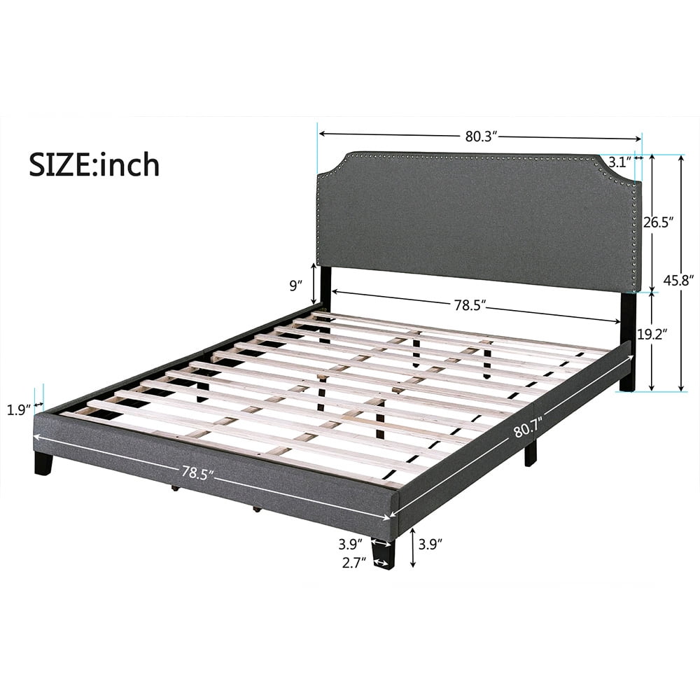 Kepooman Upholstered Platform Bed Frame with Light Grey Fabric Nailhead Trim Headboard and Wood Slats - King Size - Dark Grey Kepooman Upholstered Platform Bed Frame with Light Grey Fabric Nailhead Trim Headboard and Wood Slats - King Size - Dark Grey