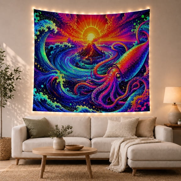 Giant Squid with Volcanic Sunset and Turquoise Waves, Mystical Psychedelic Fantasy for Ocean Lovers, Mystical Wall Art Decor, Housewarming Gift Tapestry Wall Hanging for Bedroom and Living Room
