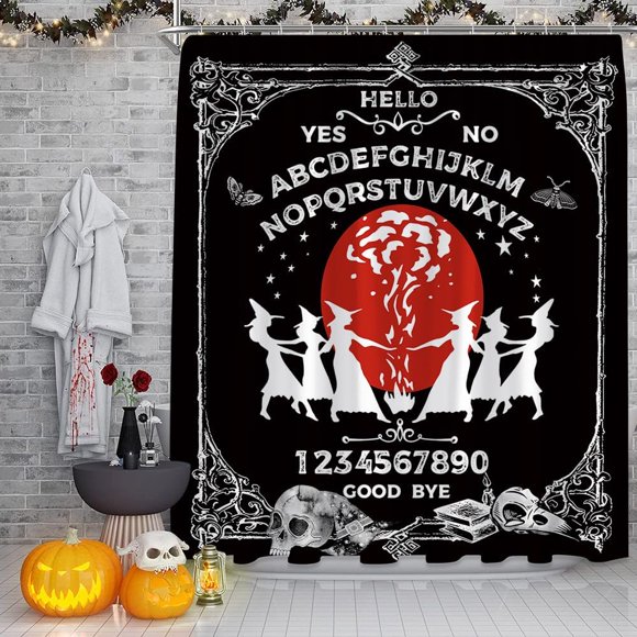 shiyou-Halloween Shower Curtain Black White Ouija Board Gothic Witchy Palmistry Spooky Witch Tarot Witchcraft Alchemy Halloween 70" WX70 H Bathroom Decor Fabric Curtain with Hooks