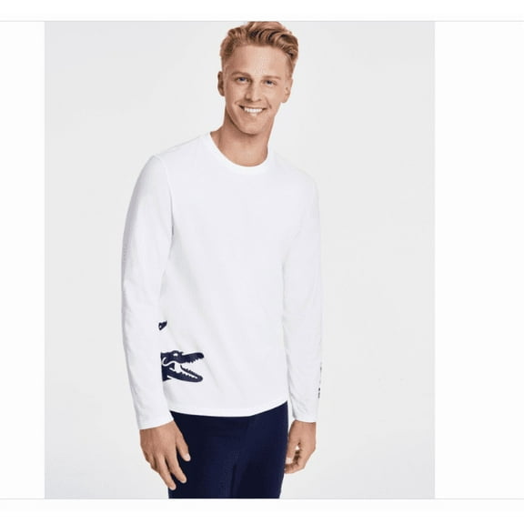 Lacoste Men's Relaxed-Fit Long Sleeve Crewneck Croc Print Sleep T-Shirt - White/navy Blue