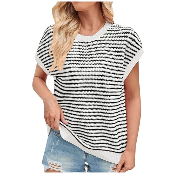 yillto Womens Summer Sweaters Tank Cap Sleeve Crewneck Loose Knit Lightweight Pullover Striped Tops