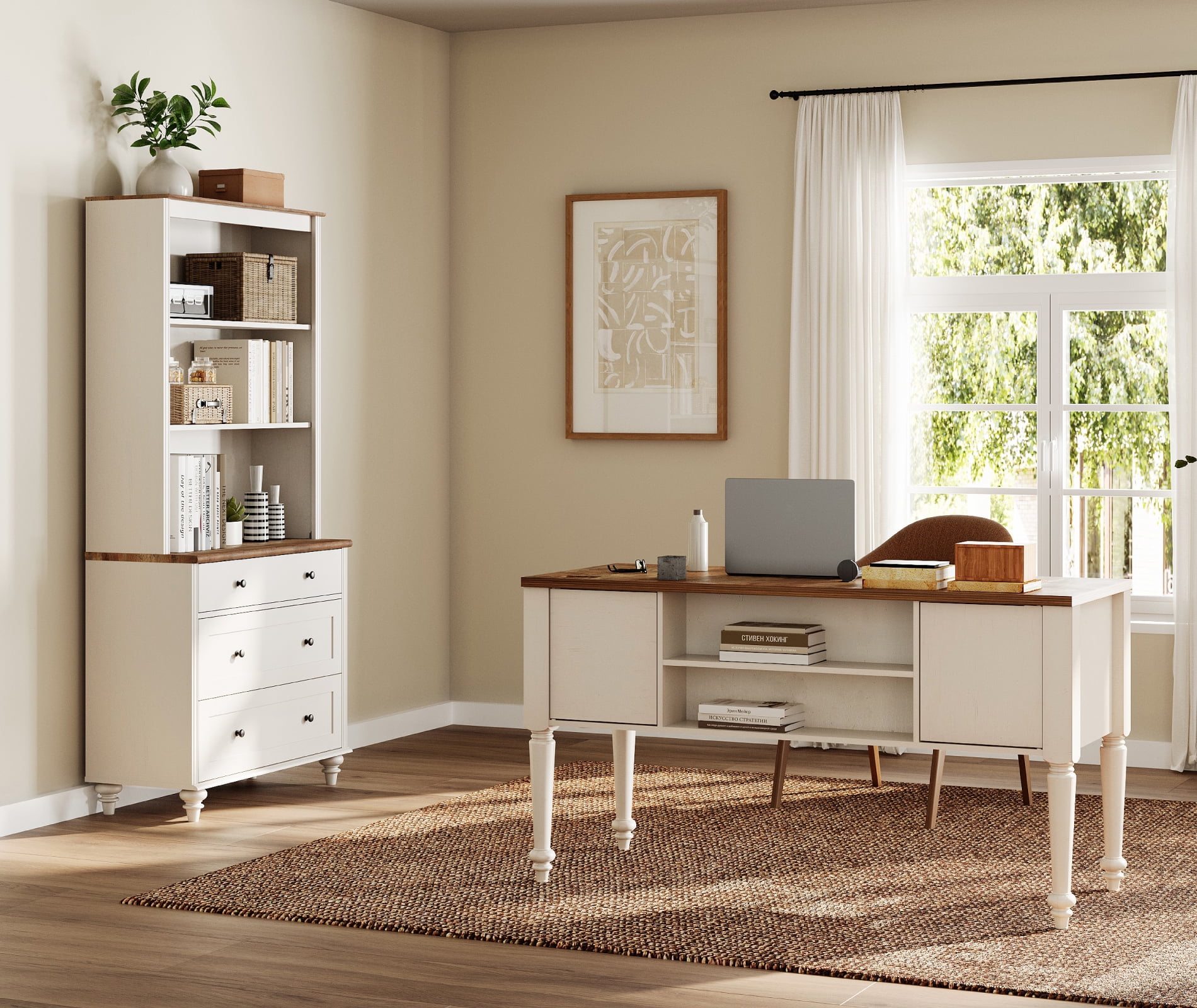 White Home Office Furniture Set, 56" Executive Desk with Charging Station, 72" Tall Bookcase with 3 Drawers, Wood Computer Desk with File Cabinet Storage, Open Shelf
