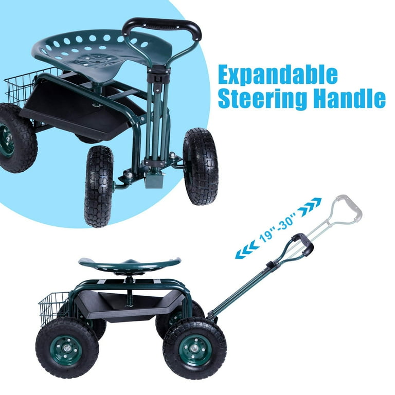 Steerable rolling seat with tool tray outlet