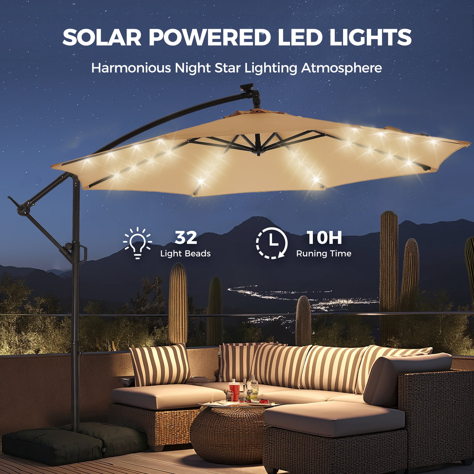 Patbrela 10ft Offset Patio Umbrellas (Includes Base) Outdoor Cantilever Hanging Umbrella with Infinite Tilt, for Yard, Garden, Beach, Pool & Deck, Beige